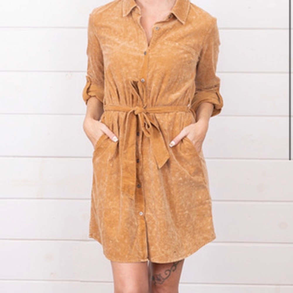 Mystree Long Sleeve mustard acid wash Dress nwt